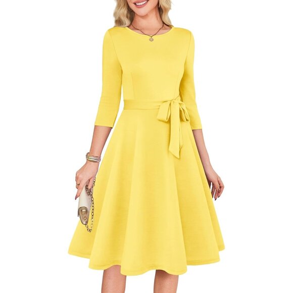 Women's Yellow 3/4 Sleeve Vintage Flattering A-line Vintage Cocktail Dresses - Picture 1 of 5